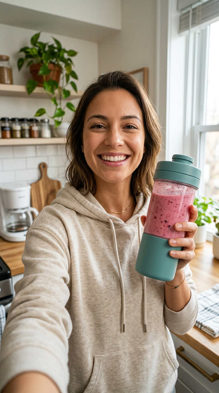 An AI avatar smiling and holding up a smoothie blender in a bright kitchen