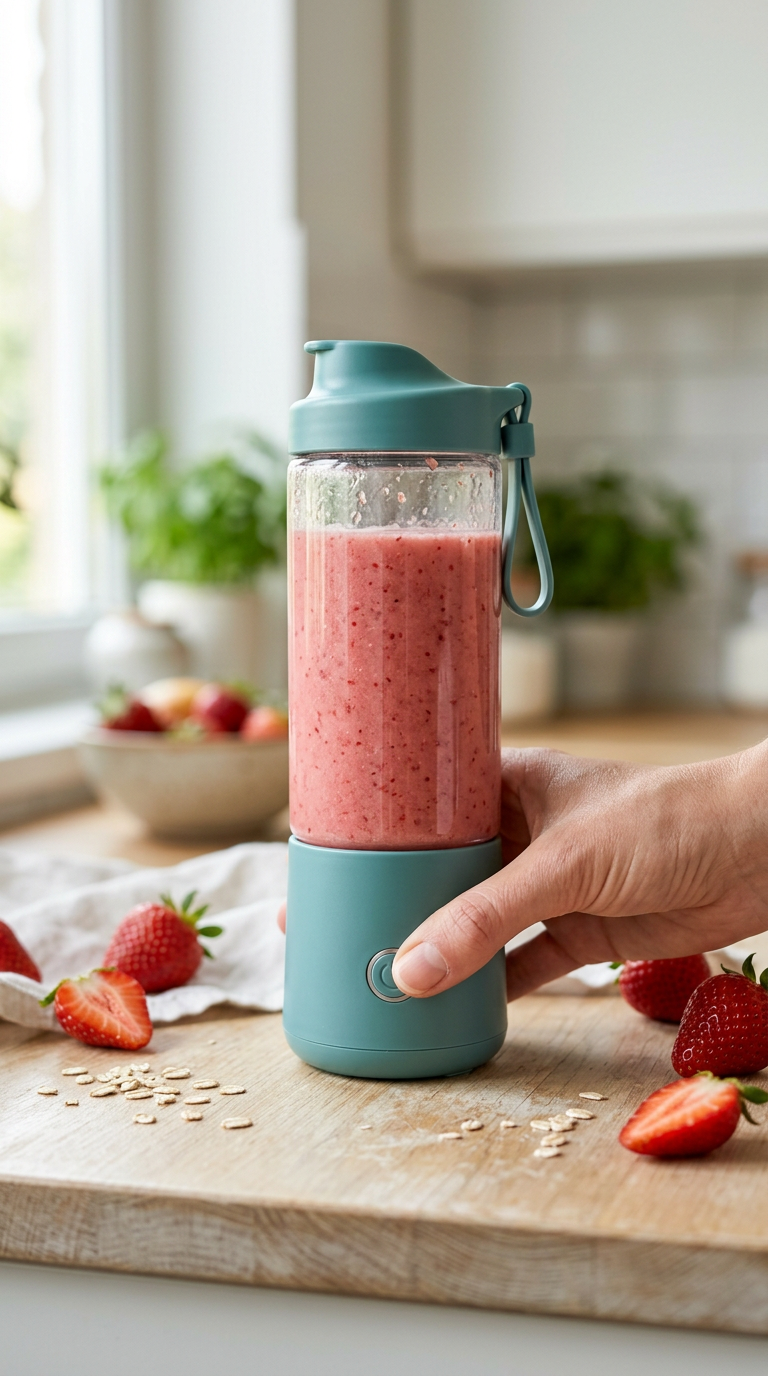 A hand pressing the button on a teal portable blender filled with a pink smoothie
