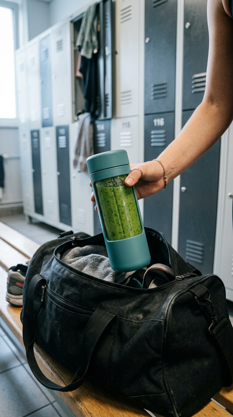 A hand lifting a green smoothie blender out of an open gym bag