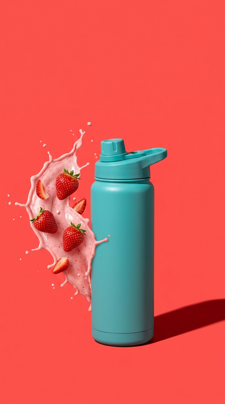 A teal blender bottle on a coral backdrop with a strawberry smoothie splash