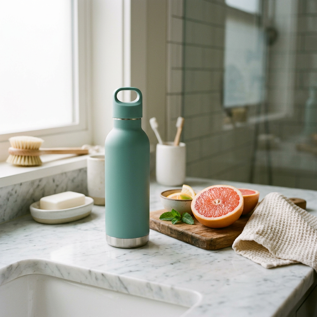 A teal portable blender bottle on a marble counter beside a halved grapefruit