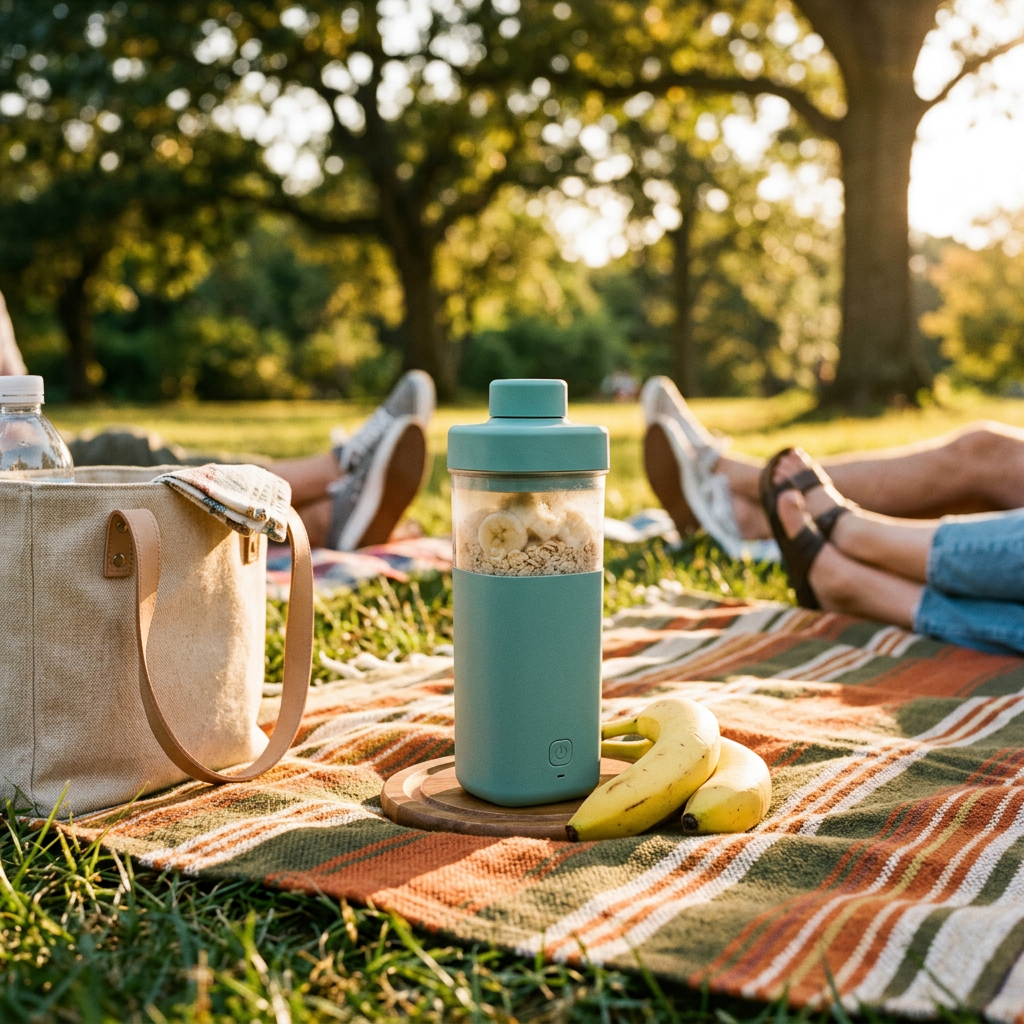 A teal portable blender with bananas and oats on a picnic blanket in a sunny park