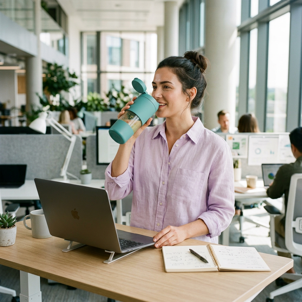A woman drinking from a teal portable blender at a standing desk in a bright office