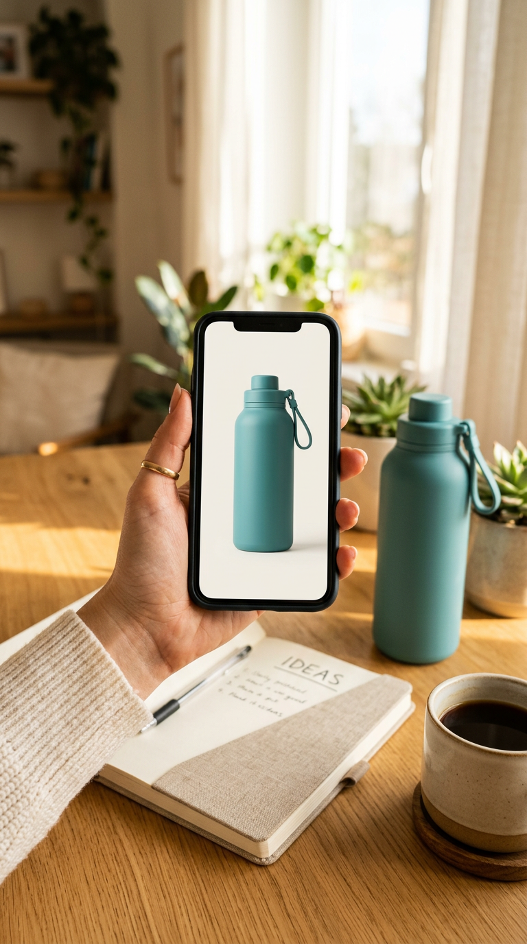 A hand holding a phone that shows a teal bottle product photo, with the same bottle on the desk